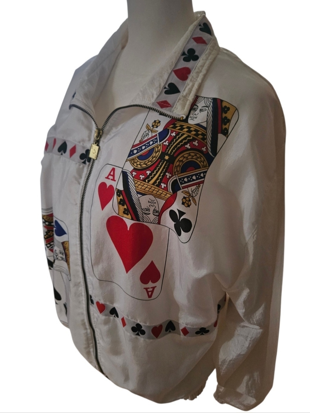 Vintage 90s Grannycore Novelty Poker Nylon Windbreaker Jacket Cards Medium Vegas - Picture 3 of 16